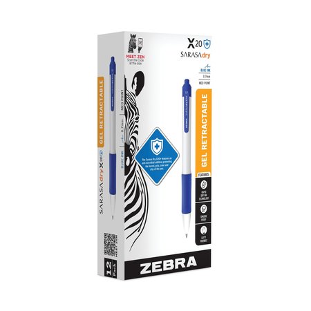 Zebra Pen Sarasa Dry X20+ Gel Pen, Retractable, Fine 0.7 mm, Blue Ink, White Barrel, 12PK 41620
